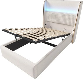 Łóżko dziecięce z pojemnikiem 90x200 cm z portem USB i LED, zagłówek wyściełany - len beżowy (Z materacem)