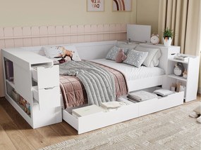 Sofa z funkcją spania dla dzieci 140x200cm - z szufladami, półkami i przestrzenią do przechowywania - z nocną szafką - Biały (bez materaca)