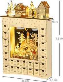 HOMCOM Kalendarz świąteczny do napełnienia, 24 szufladki z diodami LED, drewno naturalne, 36 x 9 x 52 cm | Aosom PL