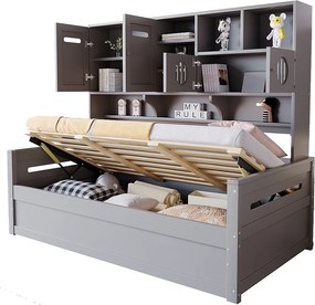 Łóżko z pojemnikiem 90x200 cm - z komorami przechowawczymi - z 4 drzwiami - stelaż listwowy - szary (materac nie jest w zestawie)