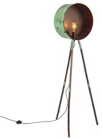 Vintage lampa podłogowa na bambusowym statywie zielony z miedzią - Beczka Retro Oswietlenie wewnetrzne