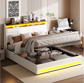 Nowoczesne łóżko z tworzywa PU z oświetleniem LED i przechowywaniem - Białe 160 x 200 cm