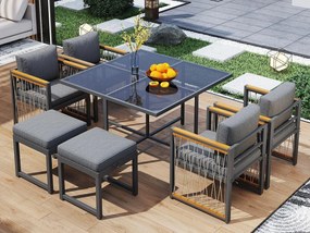 Zestaw mebli ogrodowych do jadalni dla 6 osób, stół ze szkła hartowanego, konstrukcja z ocynkowanej stali, 4 krzesła, 2 stołki, 1 stół, szary