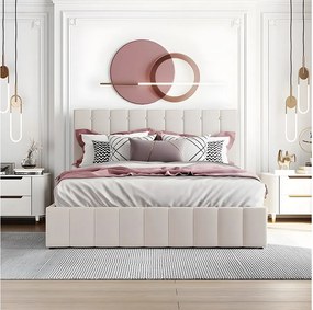 Łóżko ze schowkiem, regulowanym zagłówkiem i schowkiem - 140 x 200 cm - aksamit - stelaż z listew - białe