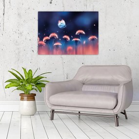 Obraz na szkle dmuchawca z niebieskim motylem (70x50 cm)