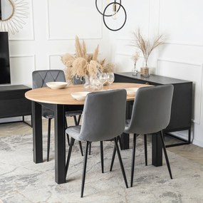 Zestaw Stół Okrągły Rozkładany HARRY 102-142 cm Dąb Craft/Czarny i 4 Krzesła Tapicerowane ROBIN Szare Nowoczesne