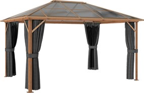 Outsunny Pawilon ogrodowy 4x3m aluminiowy z dachem z poliwęglanu 6 mm, moskitiera, 4 zasłony, imitacja drewna, naturalne drewno | Aosom PL