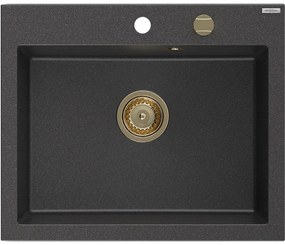 Mexen Elix zlewozmywak granitowy 1-komorowy 600 x 500 mm, czarny nakrapiany, syfon złoty - 6525601005-76-G