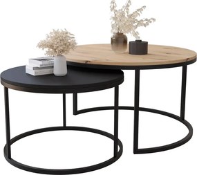 Zestaw 2 Czarny Okrągłych Stolików Kawowych 2W1 Dąb Artisan + T8-D67