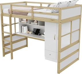 Łóżko na poddaszu 90x200 cm - z drabiną - z biurkiem - z szafą - 2 szuflady - kolor naturalny (materac nie jest w zestawie)