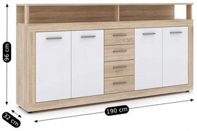 Komoda Czterodrzwiowa z Szufladami BLAGO 190 cm Dąb Sonoma/Biała Nowoczesna