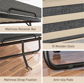 HOMCOM Łóżko Składane, Materac, 4 Koła, Stelaż Metalowy, do 150 kg, 190 x 80 x 42 cm, Ciemnoszary