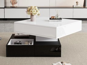 Stolik kawowy podnoszony 70x70x40 cm - obrotowy blat 360° - z 3 szufladami - błyszczące wykończenie - Biały + Czarny