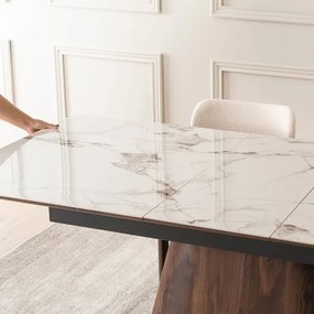 Zestaw Stół Rozkładany Ceramiczny LIZBONA 160-200 cm Biały Marmur/Orzech i 4 Krzesła Tapicerowane GRENADA Kremowe