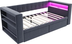 Łóżko dziecięce 90 x 190 cm - Łóżko pojedyncze z 2 szufladami i półką - flanela ciemnoszara - materac nie jest wliczony w cenę