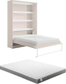 Łóżko chowane w szafie  160 x 200 cm - Otwierane pionowo ręcznie - Z oświetleniem LED - Beżowe + Materac - RAPILI