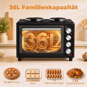HOMCOM 36 l mini piekarnik z 2 płytami grzewczymi, elektryczny piekarnik stołowy z termoobiegiem, 90–230 °C | Aosom PL