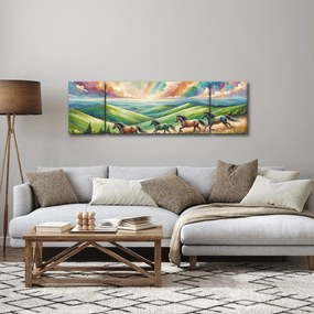 Obraz – Konie galopujące przez krajobraz (170x50 cm)