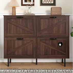 Szafka na buty w ciemnym drewnie z 4 drzwiami, czarnymi uchwytami i nogami - do przedpokoju