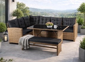 Narożnik ogrodowy technorattan Solvio ze stołem i ławką, jasnobrązowy, poduszki czarne