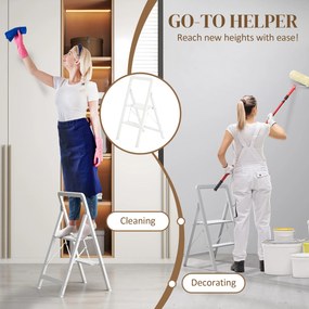 HOMCOM Drabina 2-stopniowa, Składana, Antypoślizgowa Platforma, Biała