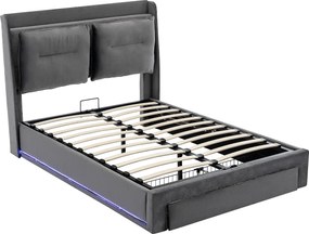 Łóżko z pojemnikiem 180x200 cm, łóżko podwójne z zagłówkiem i 1 szufladą, oświetlenie LED - szary aksamit (bez materaca)