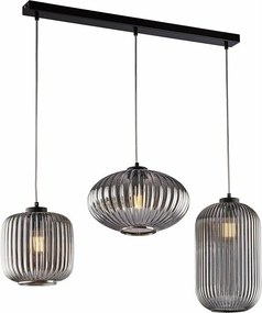 Glamour Track lampa wisząca z czarnego lakierowanego żelaza, regulowane kable, klosze z lustrzanego szarego szkła, 3 światła
