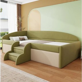 Sofa tapicerowana z funkcją spania - 90 x 190 cm - ze stopniami i barierkami - welur - bez materaca - ciemnozielona + kremowo-biała