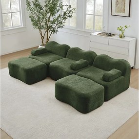 Canapé d'angle panoramique en velours, avec 2 pouf et coussin d'accoudoir, 288x167x70cm, Vert