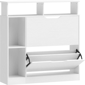 HOMCOM Szafka na buty z 2 klapami, uchylna szafka z regulowanymi przegrodami, otwartą półką na 12 par butów 89 x 25 x 92 cm biała | Aosom PL