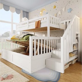 Łóżko piętrowe dla dzieci - 90 x 200 cm + 140 x 200 cm - z hydraulicznym schowkiem i drabinką - drewno - białe