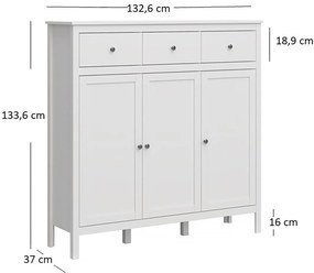 Komoda Trzydrzwiowa z Szufladami AZURA 132 cm do Salonu Sypialni Biała Skandynawska Nowoczesna