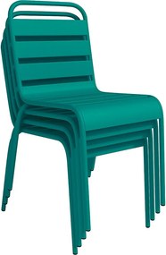 Zestaw mebli jadalnianych ogrodowych z metalu - stół o śr. 110 cm i 4 sztaplowane krzesła - Błękit morski - MIRMANDE marki MYLIA