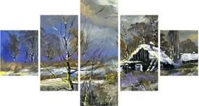 Obraz chaty w zimowym krajobrazie, obraz olejny (125x70 cm)