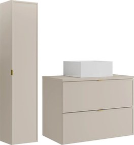 Wisząca szafka łazienkowa z nablatową umywalką kwadratową i słupkiem - Beżowa - 80 cm - ONDIL