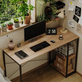 Biurko komputerowe stół loft jasny brąz nowoczesne z półkami industrialne