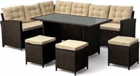 Narożnik ogrodowy ze stołem i pufami Mexico 019 brąz, poduszki beżowe