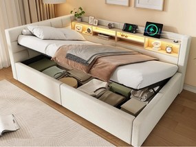 Kanapa-łóżko skrzyniowe 90x200cm - z oświetleniem LED - z półkami i portem USB - beżowa (materac nie wliczony w cenę)