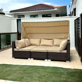 Wielofunkcyjny zestaw mebli ogrodowych - narożnik, leżanka z daszkiem Galicja 101 brąz, poduszki beżowe