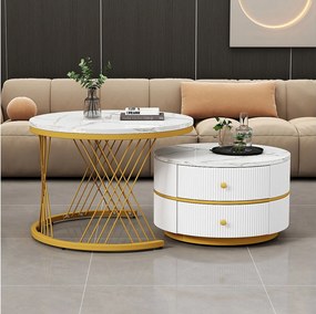 Zestaw 2 białych stolików kawowych z 2 szufladami, blat z MDF w okleinie marmurowej - złota rama