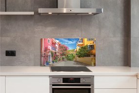 Panel Szklany Grecja Kwiaty budynki góra