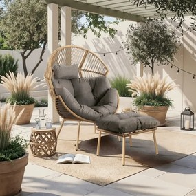 Fotel Ogrodowy z Podnóżkiem PORTLAND Kokon Wypoczynkowy Szary Nowoczesny Boho