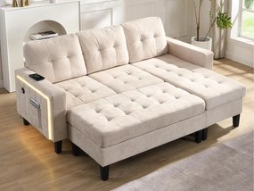 Zestaw narożnej kanapy w kształcie L 185x135x85cm - z ruchomym podnóżkiem i oświetleniem LED - z USB - dowolna konfiguracja - ​​Beżowy​