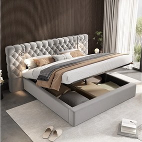 Łóżko ze schowkiem 180 x 200 cm z dużym wezgłowiem i lampką nocną - Aksamit - Kolor szary (Bez materaca)