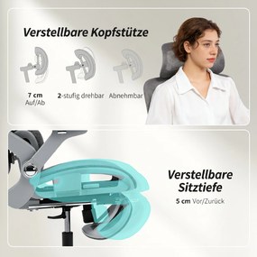 HOMCOM Ergonomiczny fotel biurowy, fotel komputerowy z siatki z oddzielnym oparciem, podparcie lędźwiowe, 4D składane podłokietniki, Szary | Aosom PL