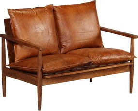 Sofa 2-osobowy z prawdziwej brązowej skóry z konstrukcją z drewna akacjowego w wykończeniu miodowym – Komfort i vintage'owy urok