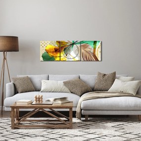 Obraz - Liście z piórami (z zegarem) (90x30 cm)