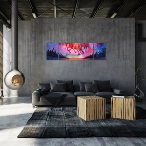 Obraz - Pojawienie się kosmicznych koni nad jeziorem, akwarela (170x50 cm)
