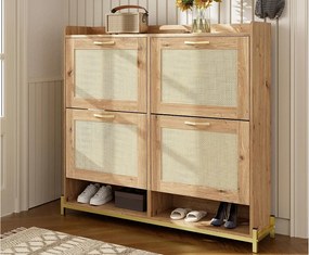 Nowoczesna szafa na buty - z drzwiczkami z rattanu - 4 drzwi - metalowa konstrukcja - naturalny