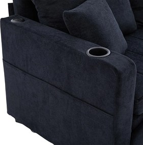 Rozkładana sofa z kieszeniami bocznymi i uchwytami na kubki, portami ładowania USB – czarny szenil